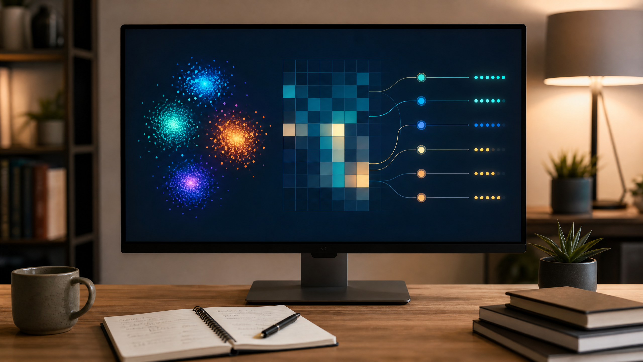 AI assessment and topic modeling visual showing topic clusters, evaluation signals, and a comparison heatmap