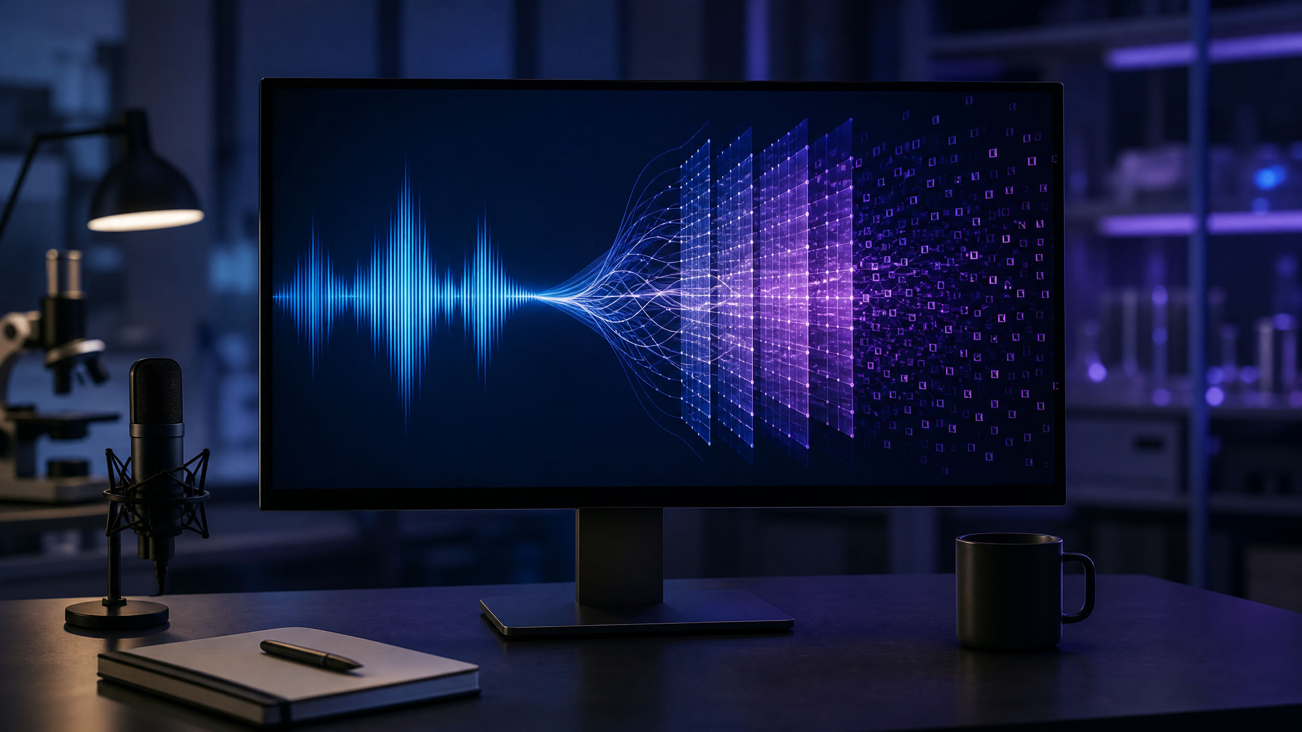 Audio waveform and language-model representations on an AI research monitor